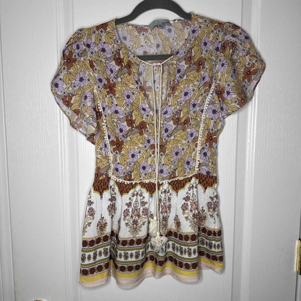 Luukse Women M Boho Floral Tiered Tunic Top Tie Front Pom Trim Ruffle Festival